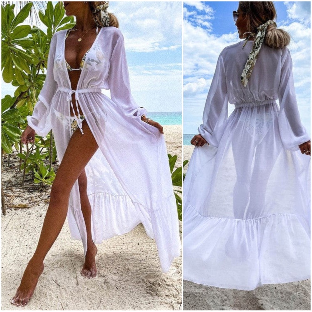 Open Front Kimono Beach Cover Up-Wht